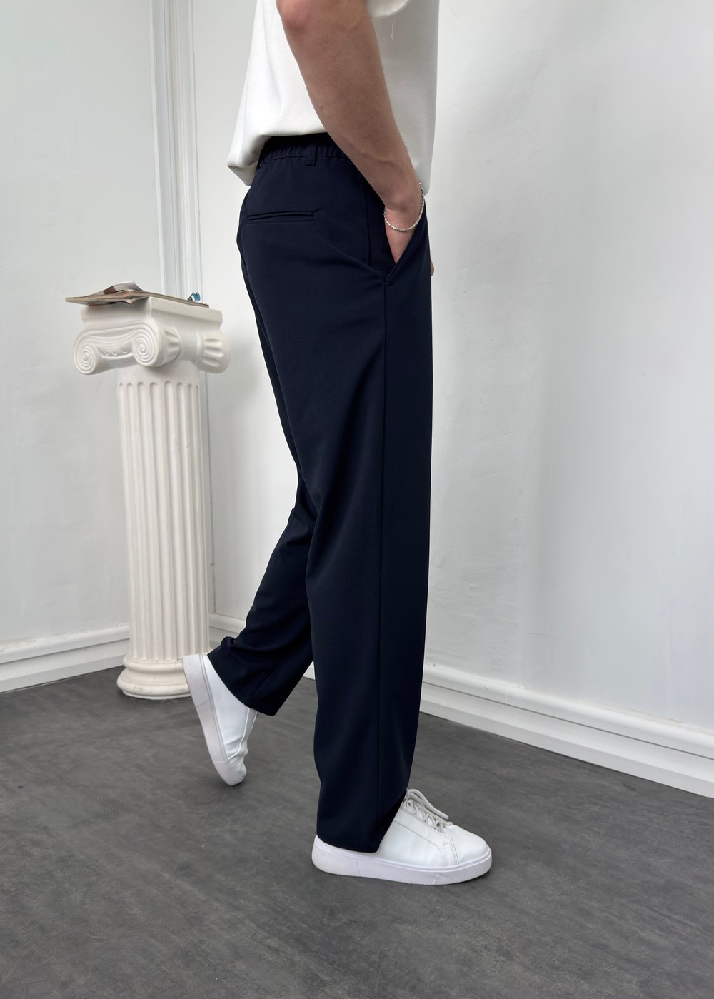 Beli İpli Kumaş Baggy Pantolon Lacivert 