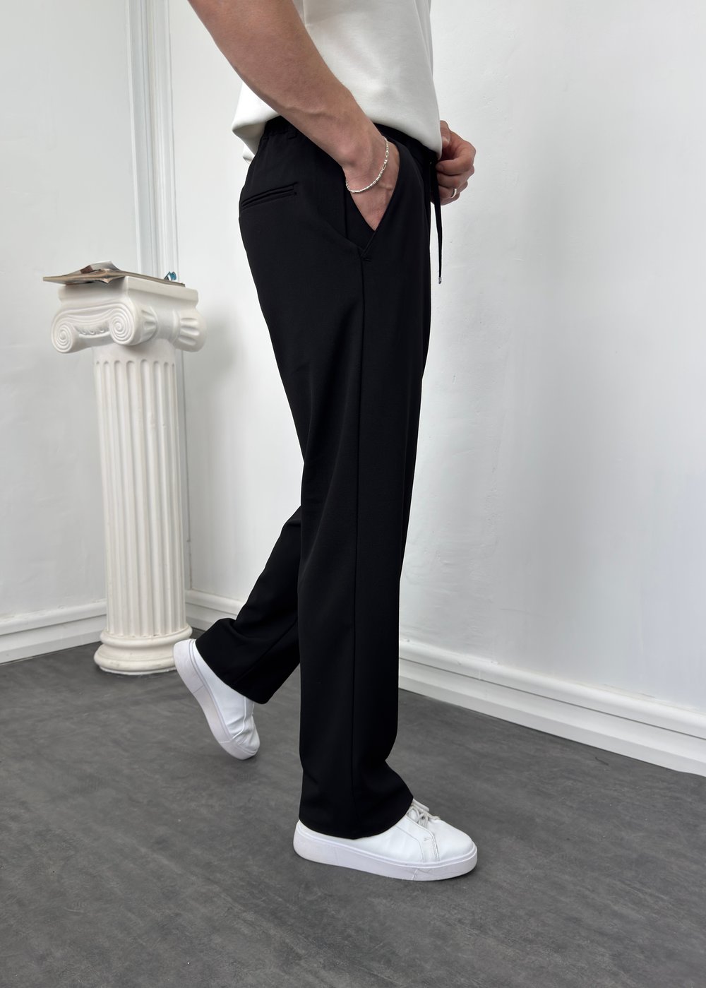 Beli İpli Kumaş Baggy Pantolon Siyah