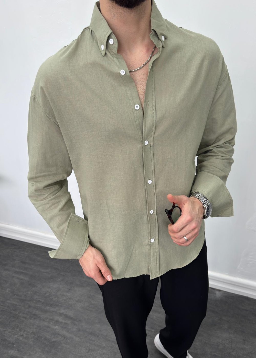 Fresh Keten Oversize Gömlek Ç.yeşili