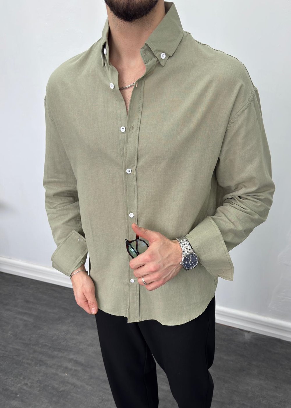 Fresh Keten Oversize Gömlek Ç.yeşili
