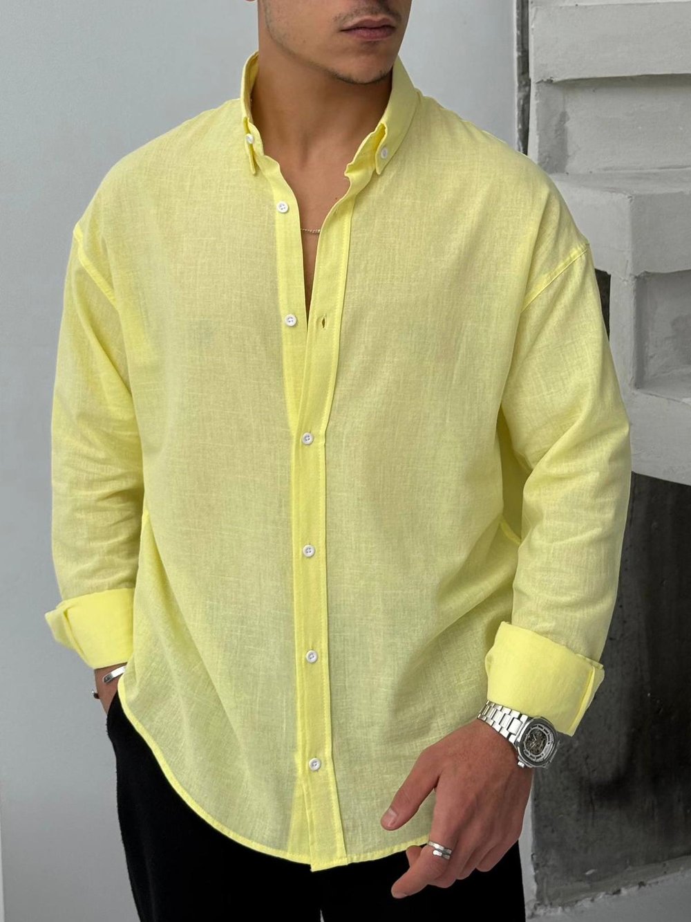Fresh Keten Oversize Gömlek Limon Sarısı