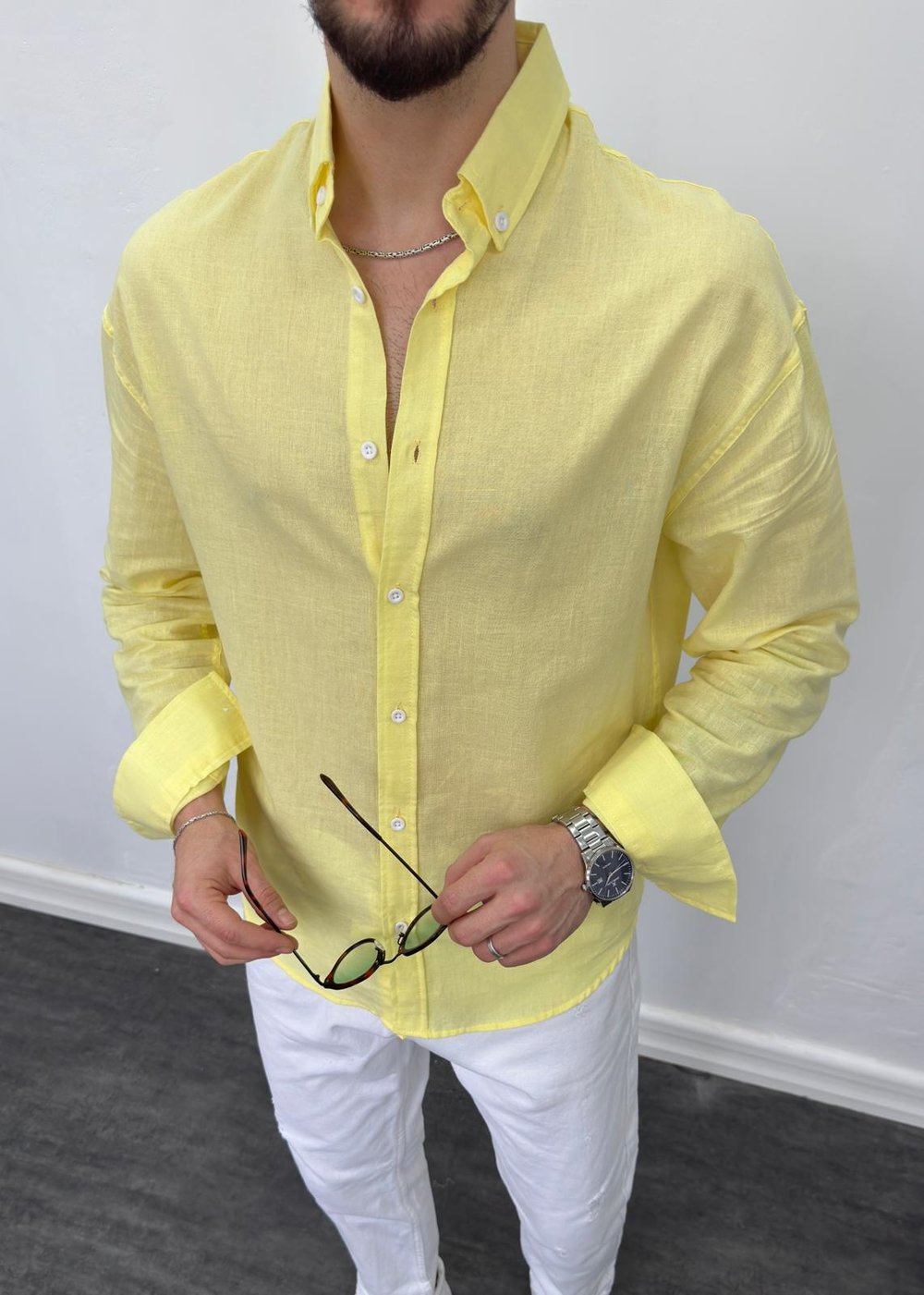 Fresh Keten Oversize Gömlek Limon Sarısı