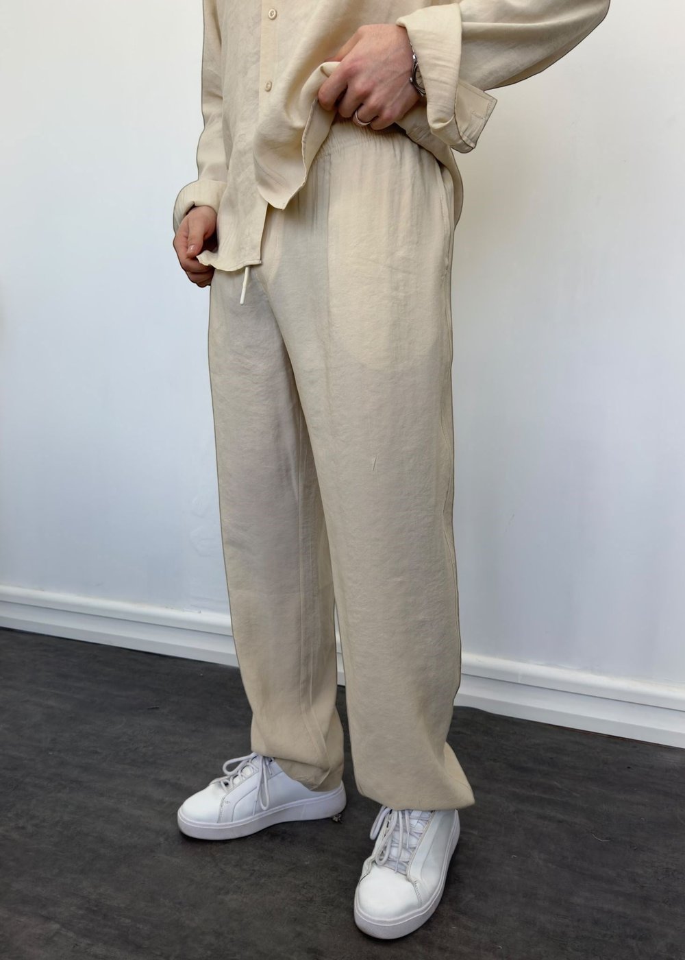 Oversize Tensel Gömlekli Takım Krem