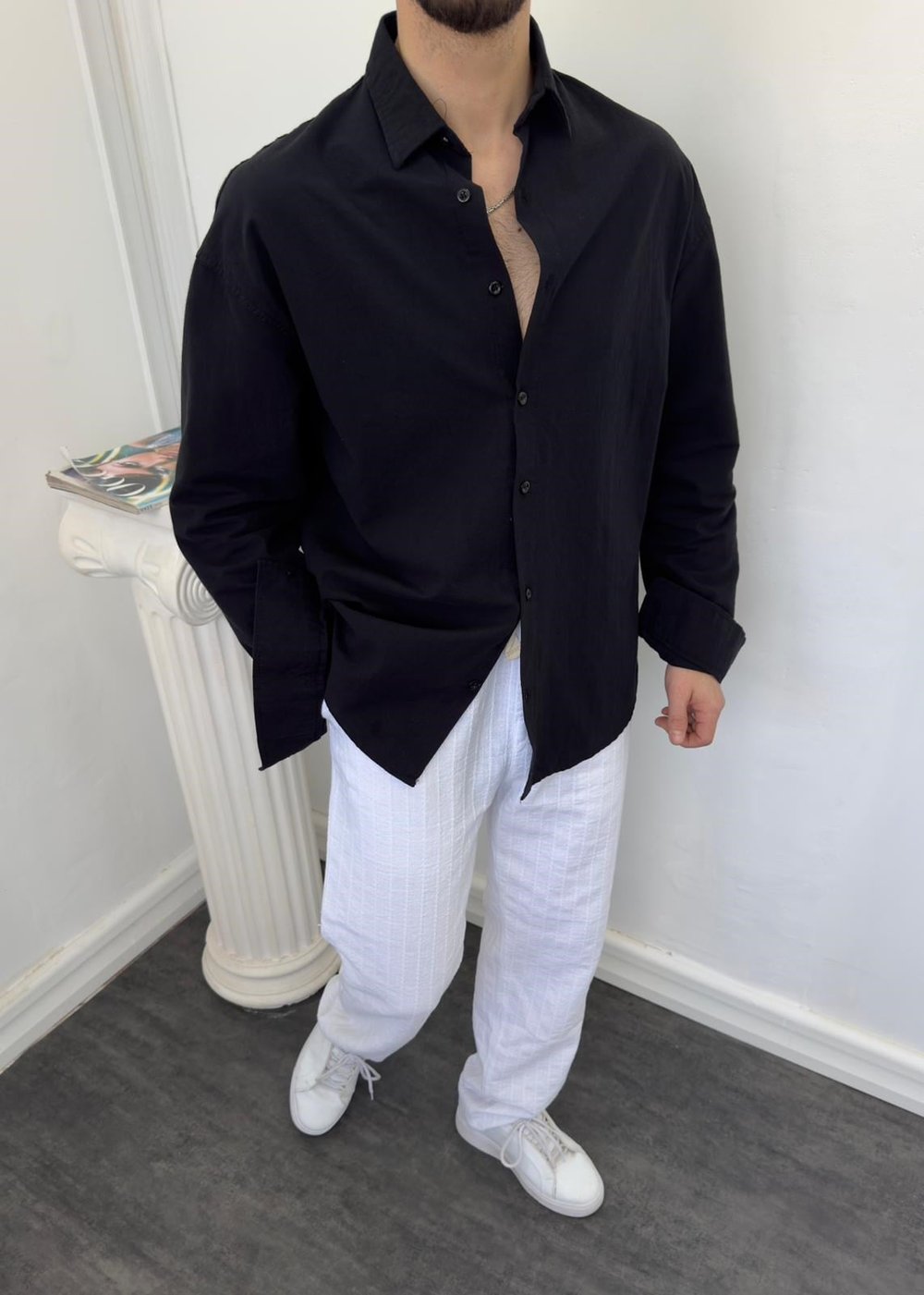 Oversize Yıkamalı Keten Gömlek Siyah