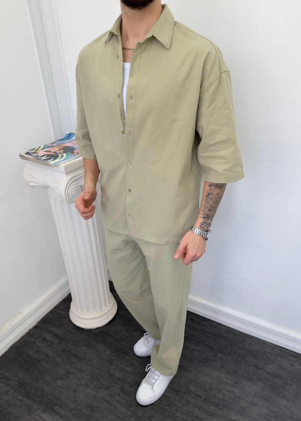 Oversize Yıkamalı Keten Takım Ç.Yeşili