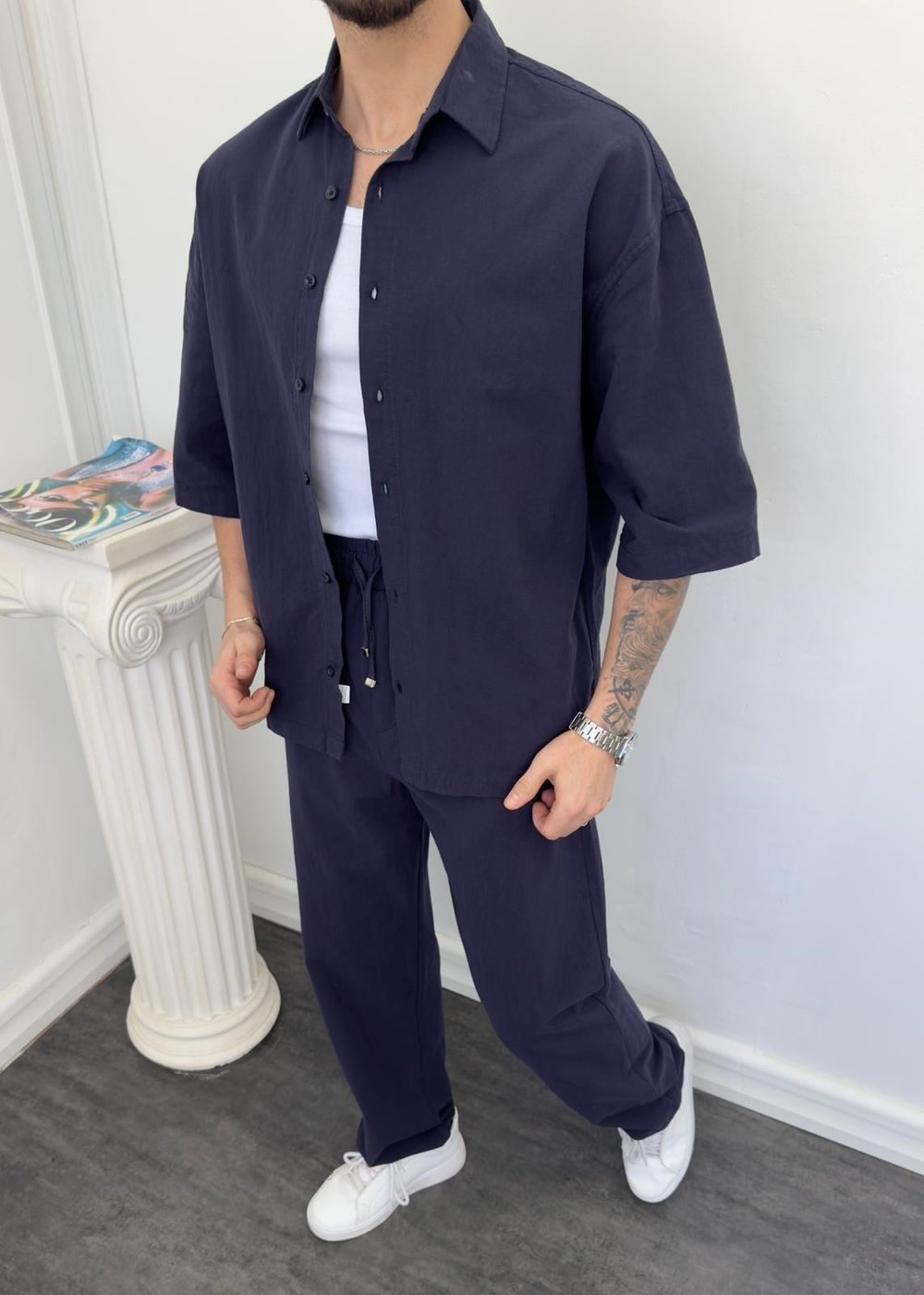 Oversize Yıkamalı Keten Takım Lacivert