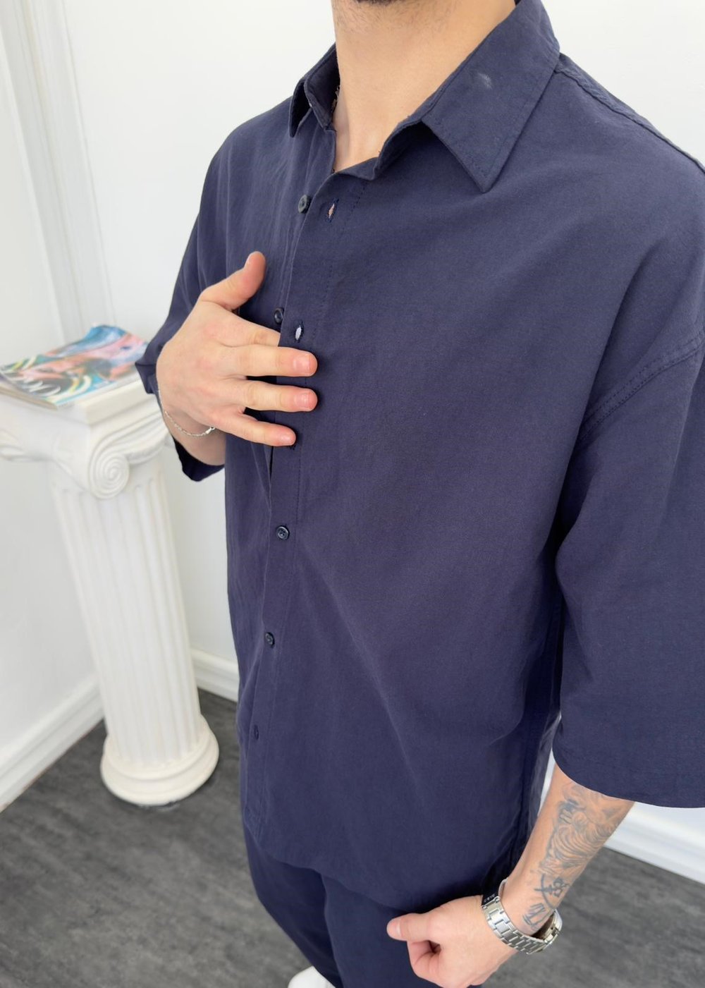 Oversize Yıkamalı Keten Takım Lacivert