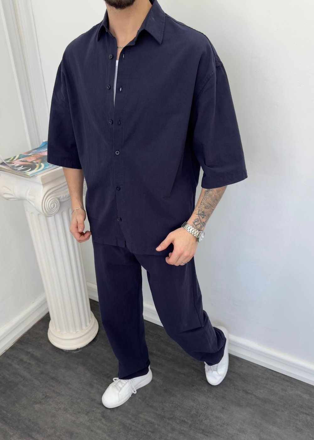 Oversize Yıkamalı Keten Takım Lacivert