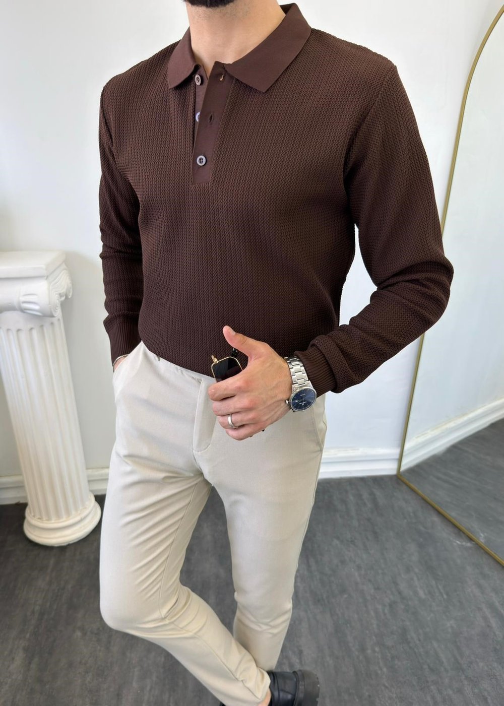 Triko+Pantolon Casual Kombin Kahverengi-Bej