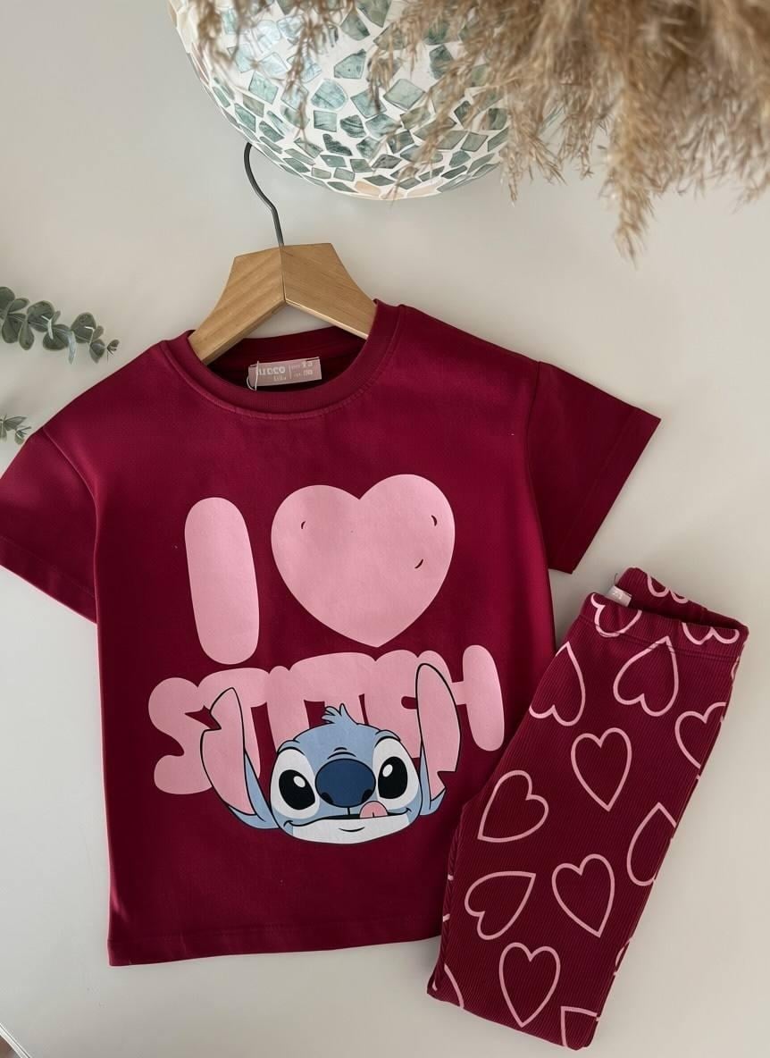 Bordo Kalp Detaylı Stitch Takım