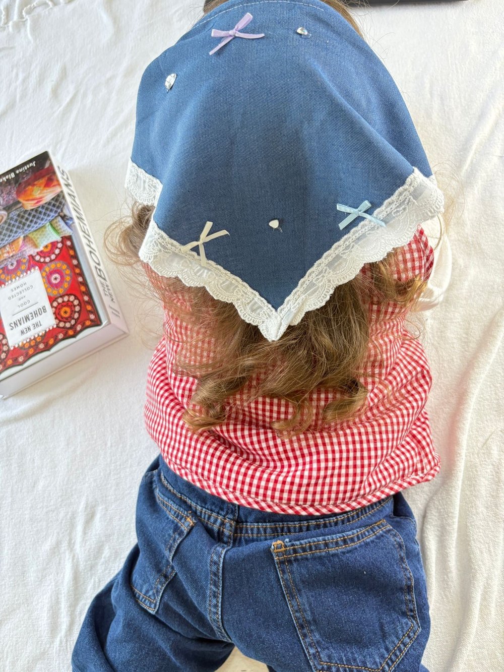 Denim/Kot Kumaş Güpür,Fırfır ve Kristal Taş Detaylı Bohem Taç