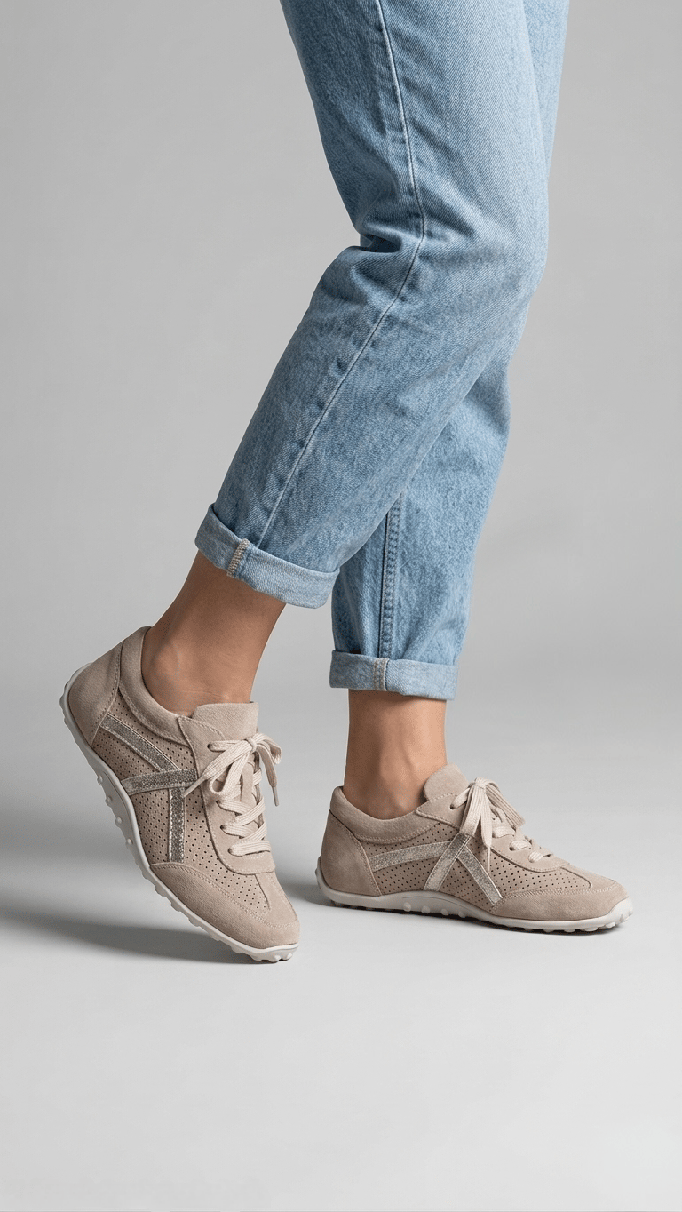 Ultra Konfor Hakiki Deri Süet Sneakers - Bej & Gold