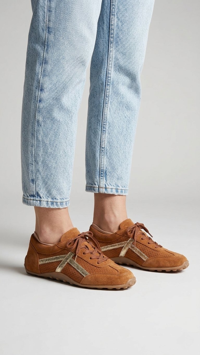 Ultra Konfor Hakiki Deri Süet Sneakers - Taba & Gold