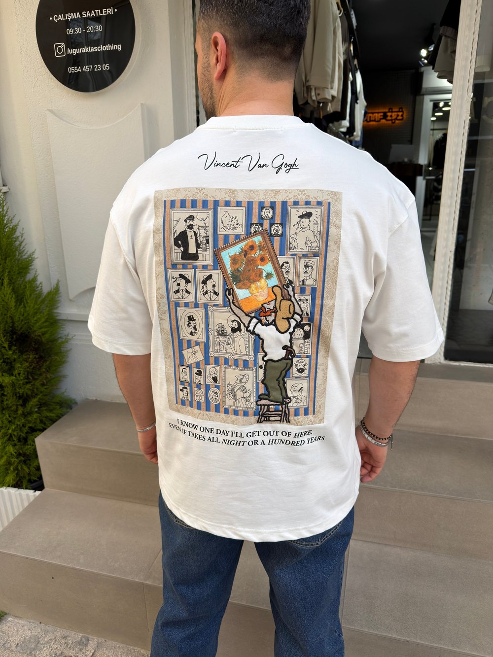 Beyaz Vincent Baskılı Oversize Tshirt