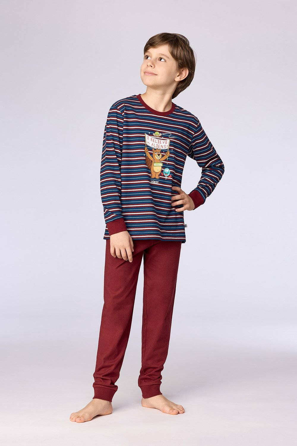 Bordo Çizgili Baskılı Erkek Çocuk Pijama
