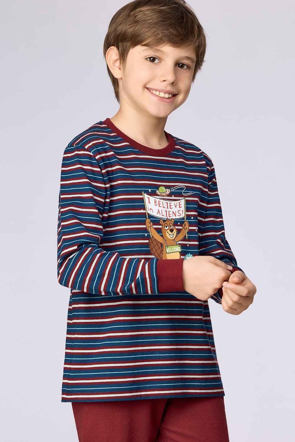 Bordo Çizgili Baskılı Erkek Çocuk Pijama