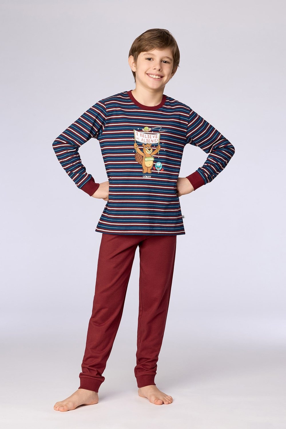 Bordo Çizgili Baskılı Erkek Çocuk Pijama