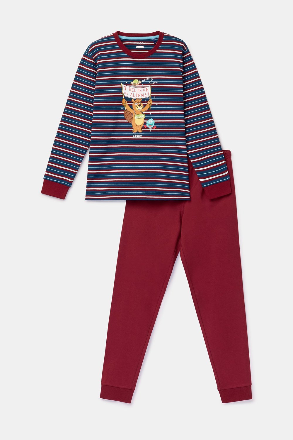 Bordo Çizgili Baskılı Erkek Çocuk Pijama