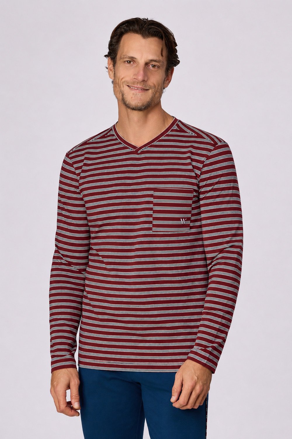 Bordo Çizgili V Yaka Erkek Pijama Takımı