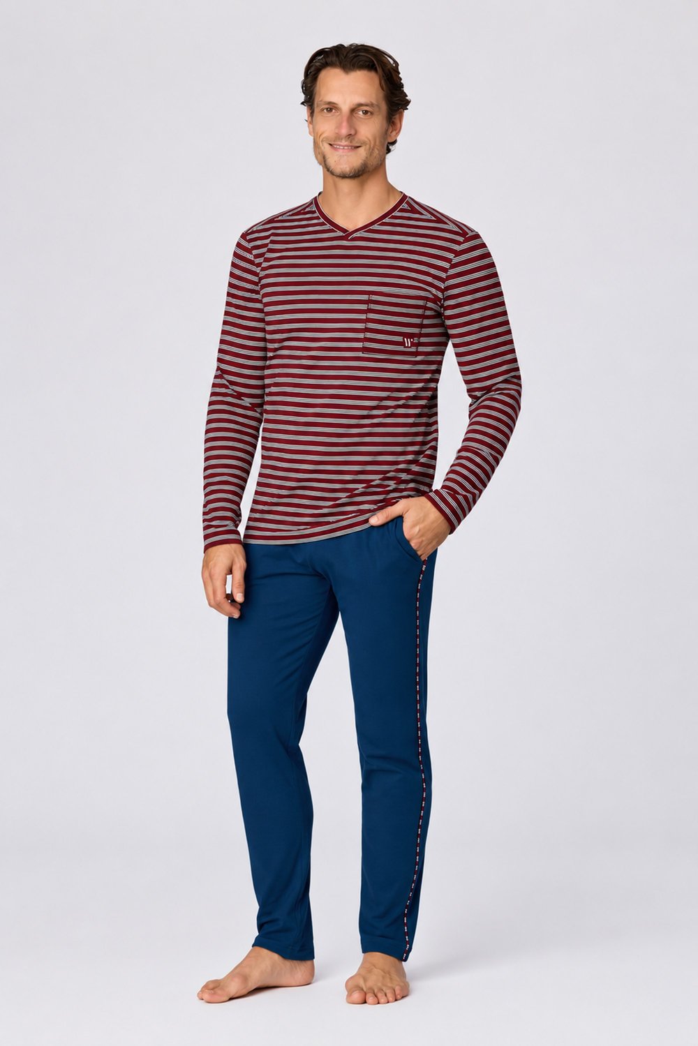 Bordo Çizgili V Yaka Erkek Pijama Takımı