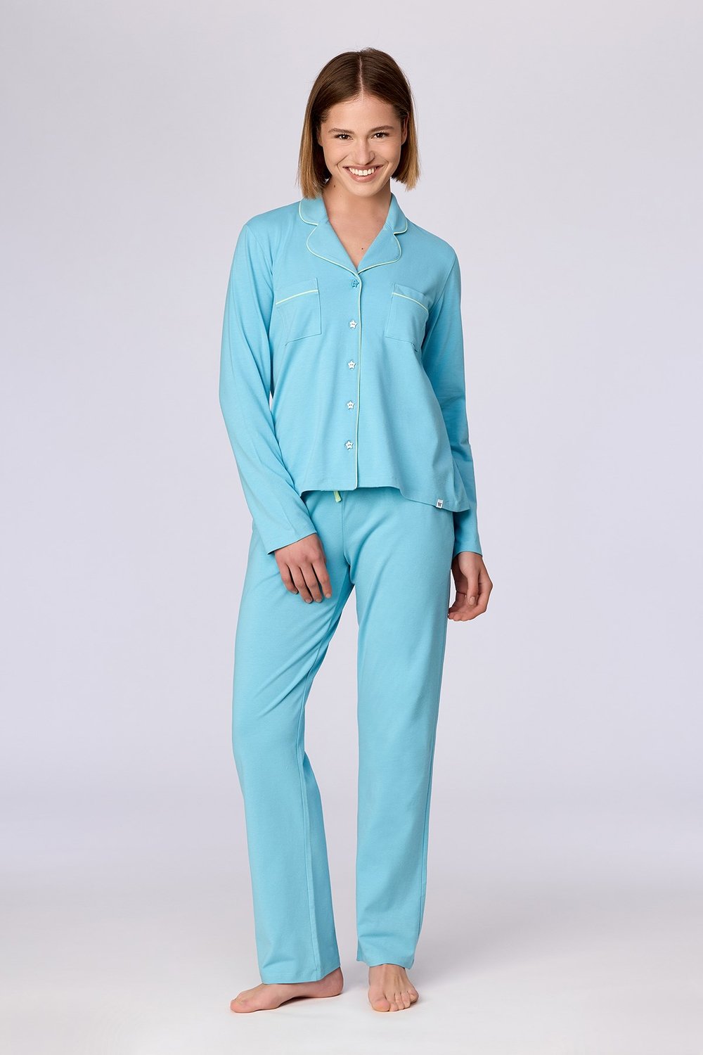 Buz Mavisi Biyeli Pamuklu Pijama