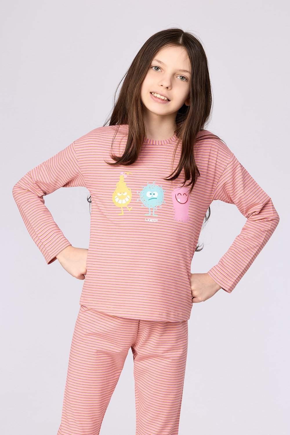 Çizgili Canavar Baskılı Kız Çocuk Pijama