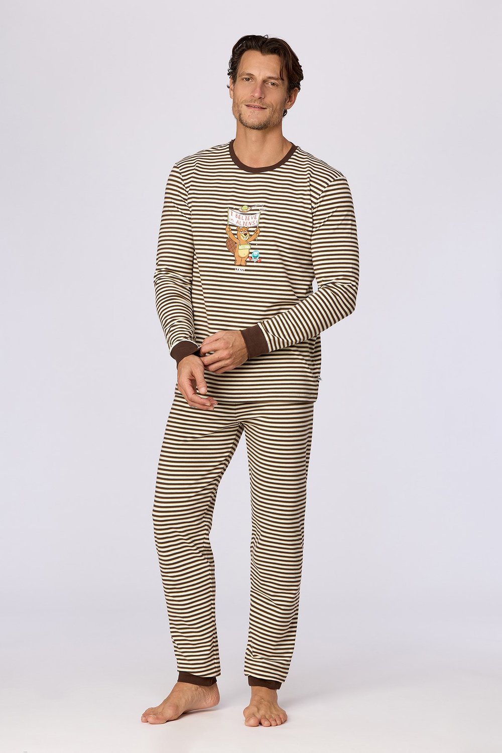 Kahverengi Çizgili Uzay Baskılı Erkek Pijama