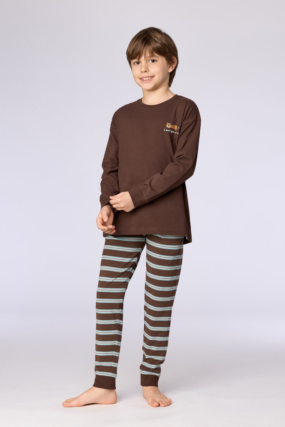Kahverengi Uzun Kollu Pamuklu Erkek Çocuk Pijama