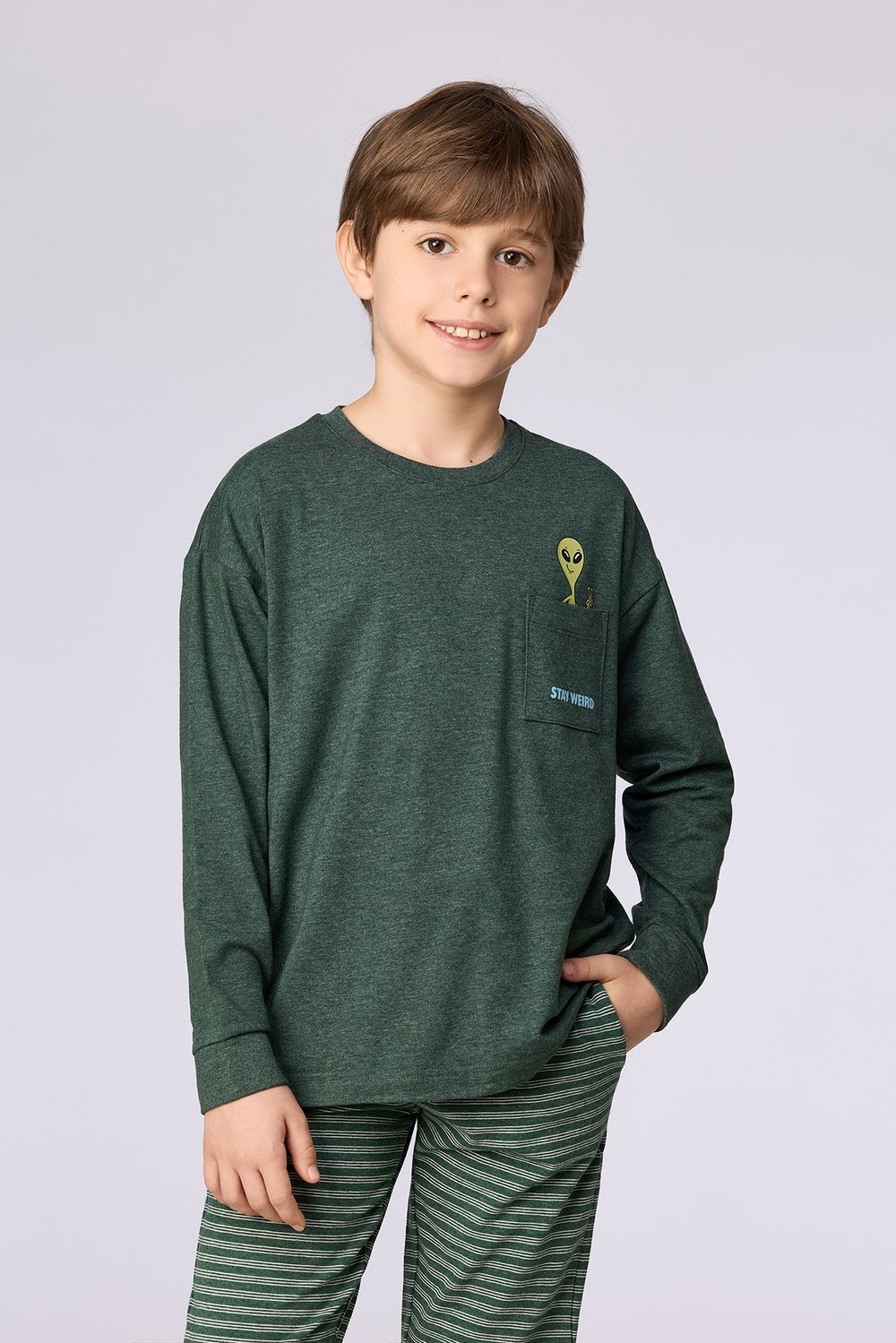 Koyu Yeşil Uzun Kollu Pamuklu Erkek Çocuk Pijama