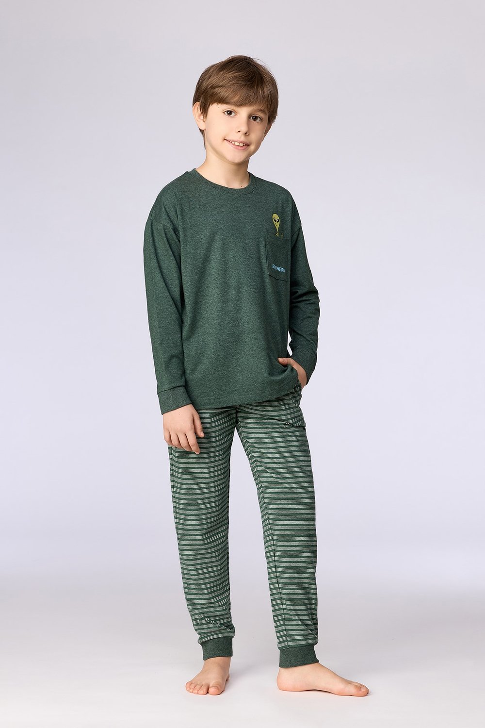Koyu Yeşil Uzun Kollu Pamuklu Erkek Çocuk Pijama