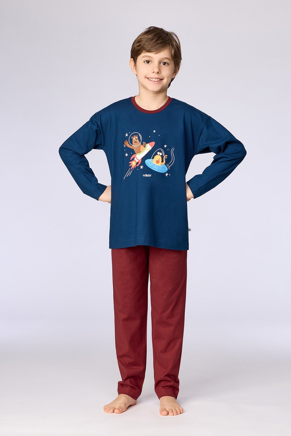 Lacivert-Bordo Uzay Temalı Baskılı Erkek Çocuk Pijama Takımı