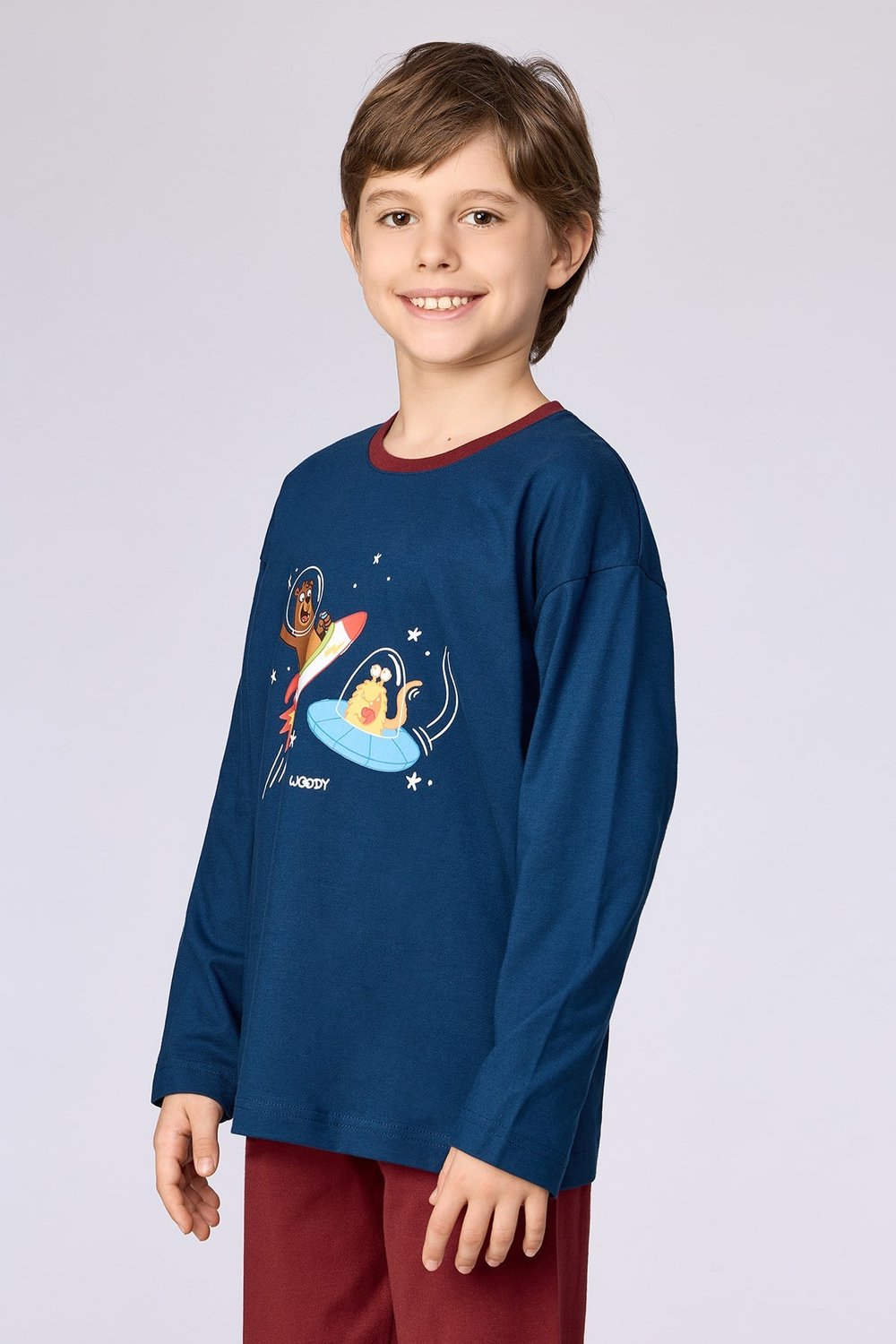 Lacivert-Bordo Uzay Temalı Baskılı Erkek Çocuk Pijama Takımı