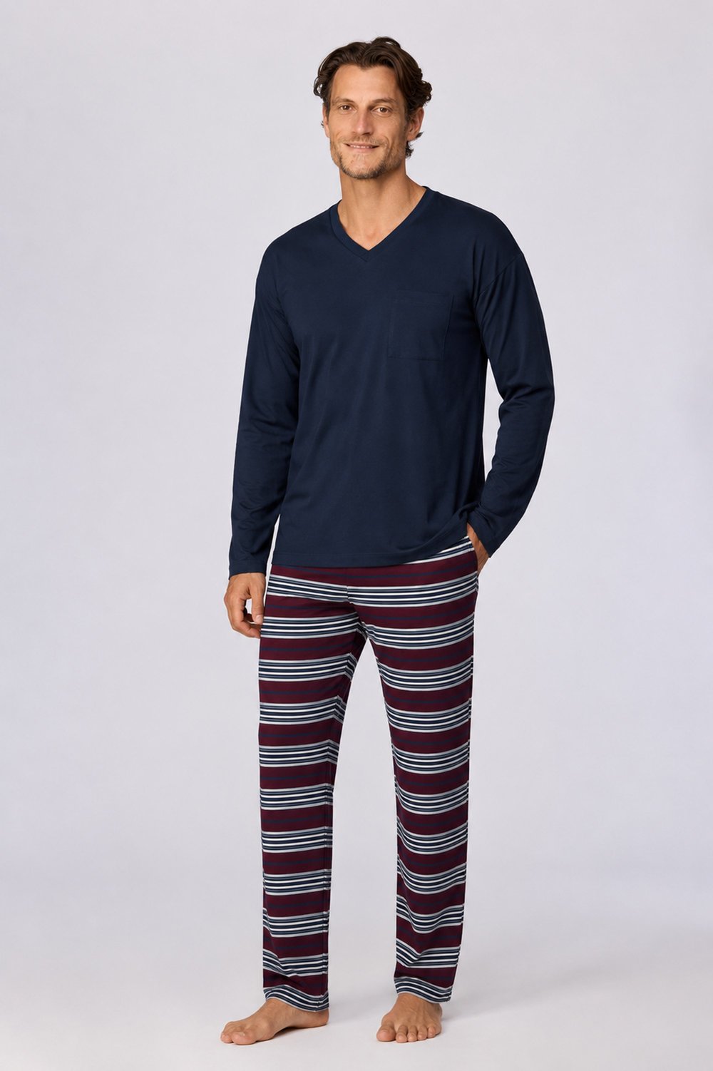 Lacivert V Yaka Erkek Pijama Takımı