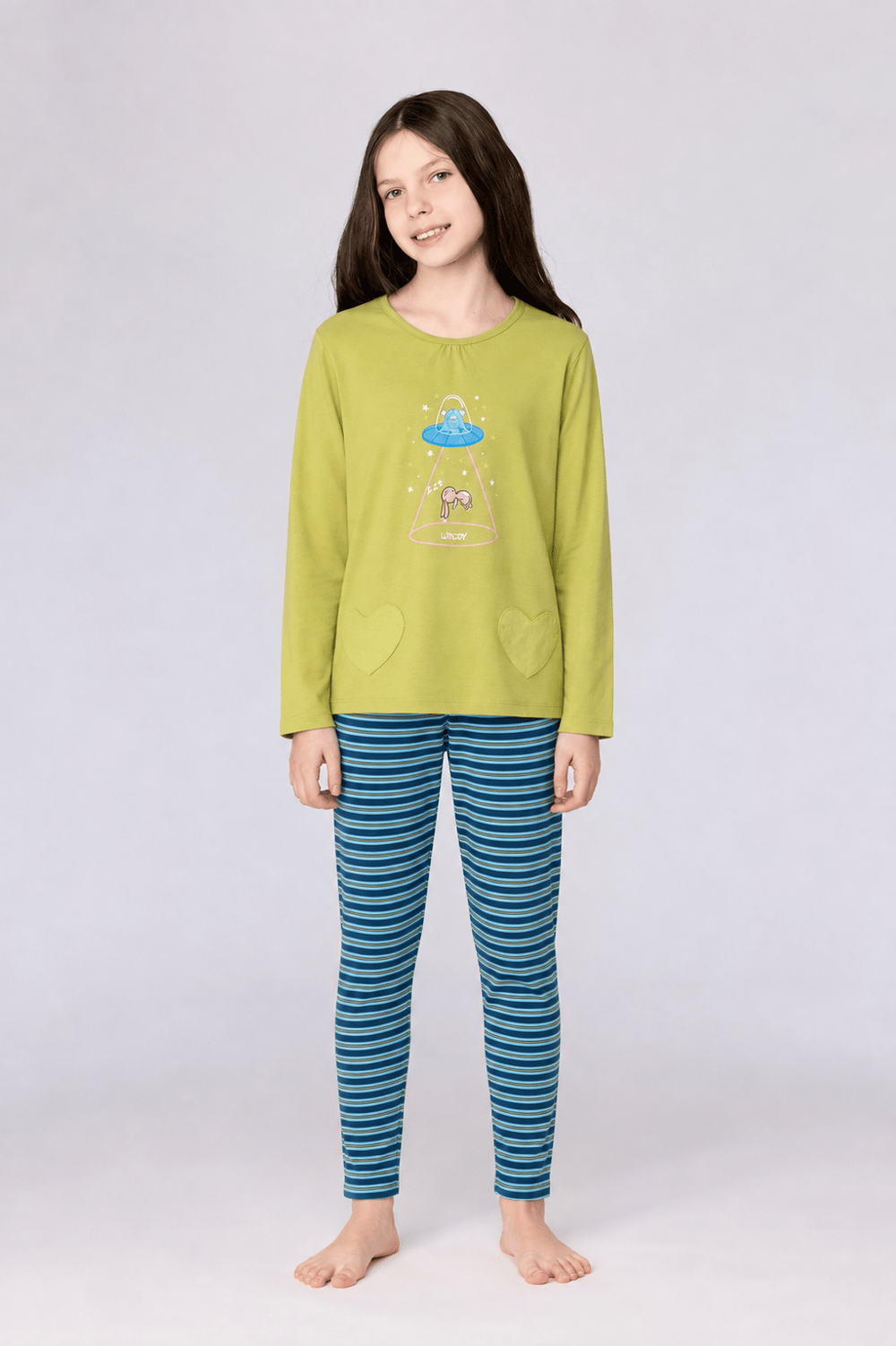 Uzay Baskılı Limon Yeşili Kız Çocuk Pijama