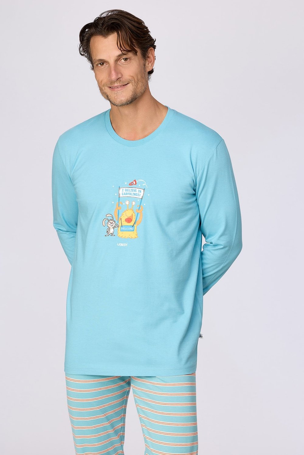 Uzaylı Karakter Baskılı Mavi Erkek Pijama