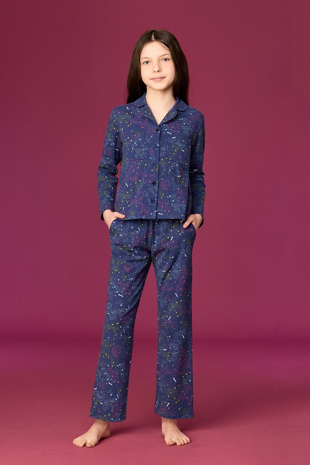 Yıldız Baskılı Lacivert Pamuklu Kız Çocuk Pijama