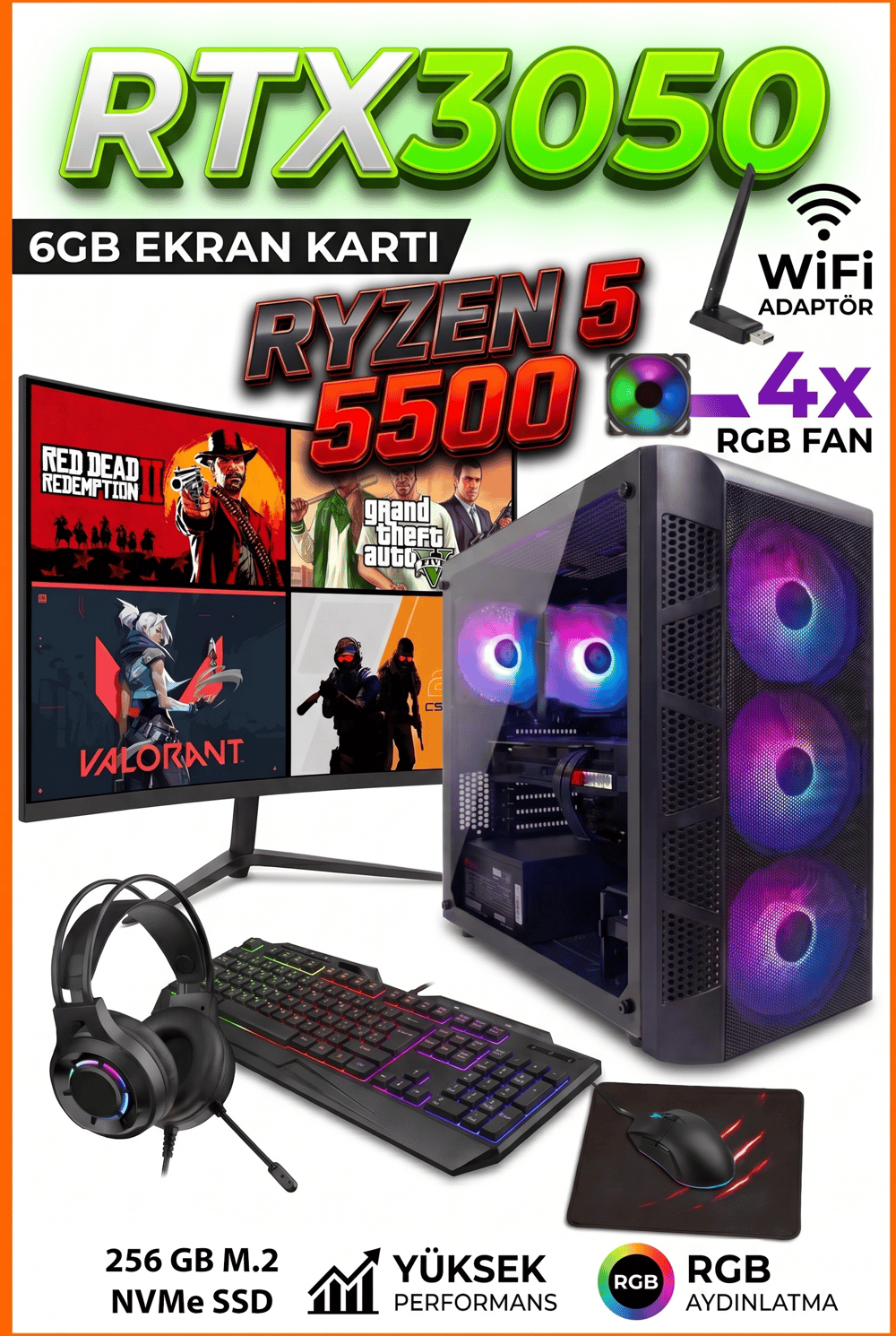 GA Full-Perf Gaming v2 Ryzen 5 5500 + RTX 3050 + 16GB DDR4 RAM 256GB M.2 NVMe SSD Full Set Oyun Bilgisayarı