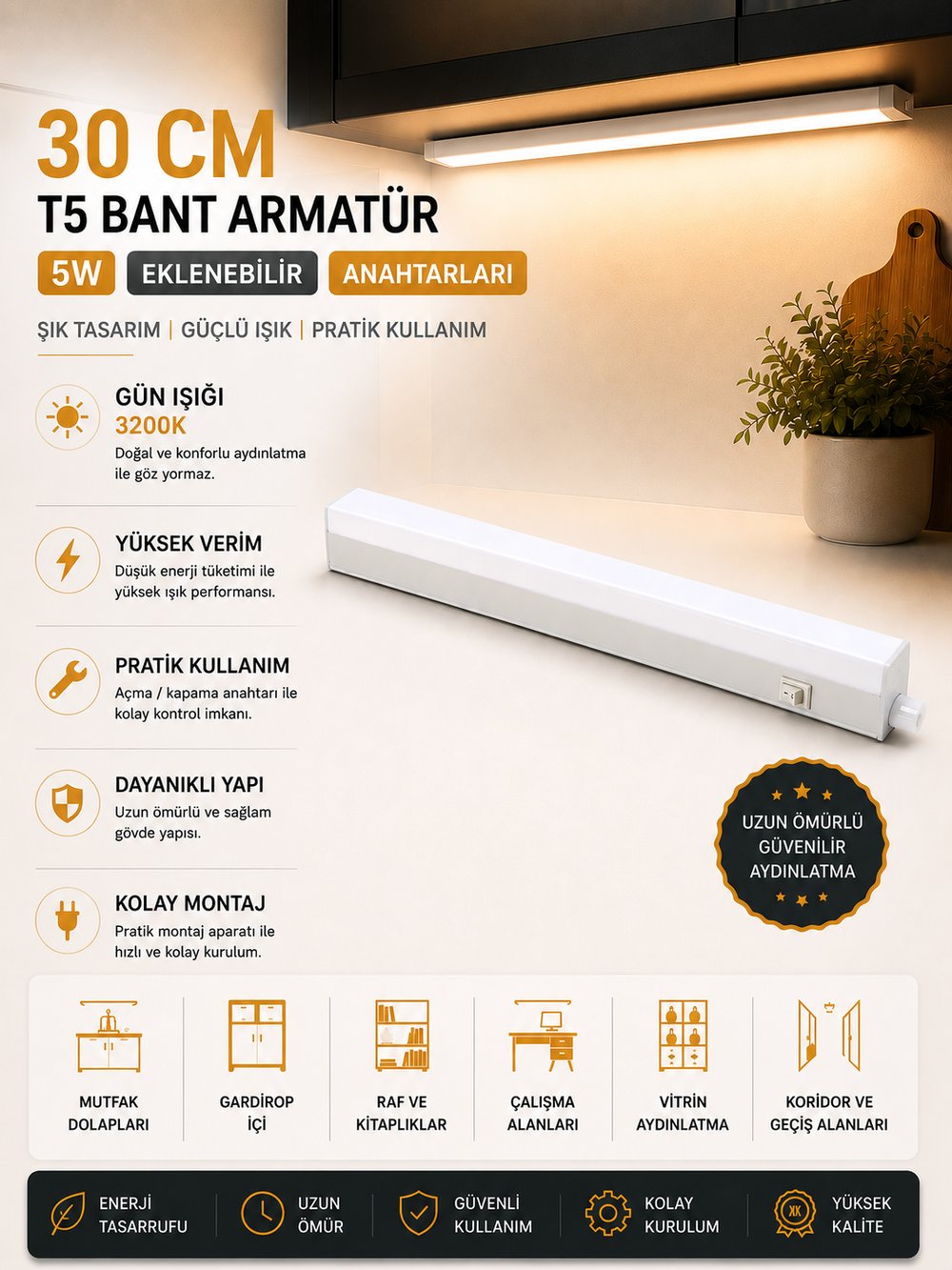 NOAS 30 CM 5W EKLENEBİLİR ANAHTARLI T5 BANT ARMATÜR