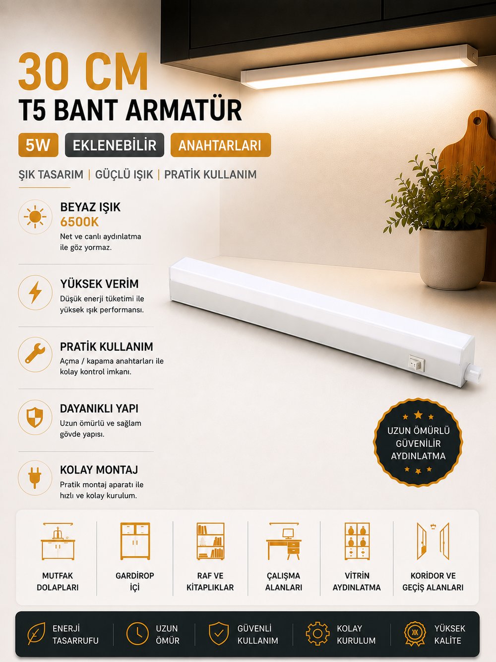 NOAS 30 CM 5W EKLENEBİLİR ANAHTARLI T5 BANT ARMATÜR BEYAZ