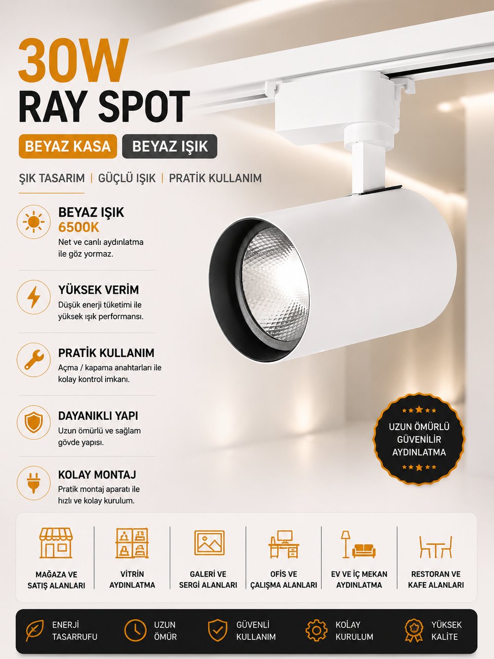 NOAS 30W BEYAZ KASA BEYAZ IŞIK RAY SPOT