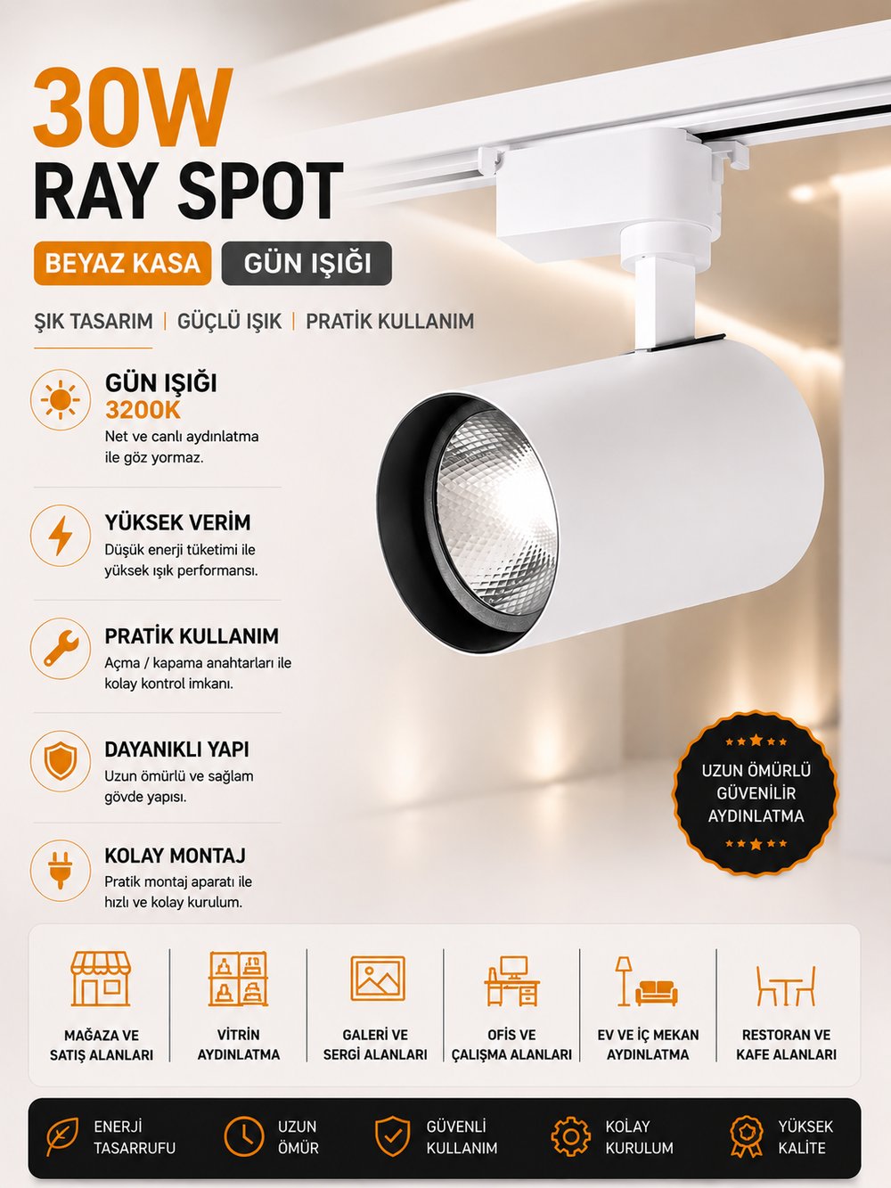 NOAS 30W BEYAZ KASA GÜN IŞI RAY SPOT