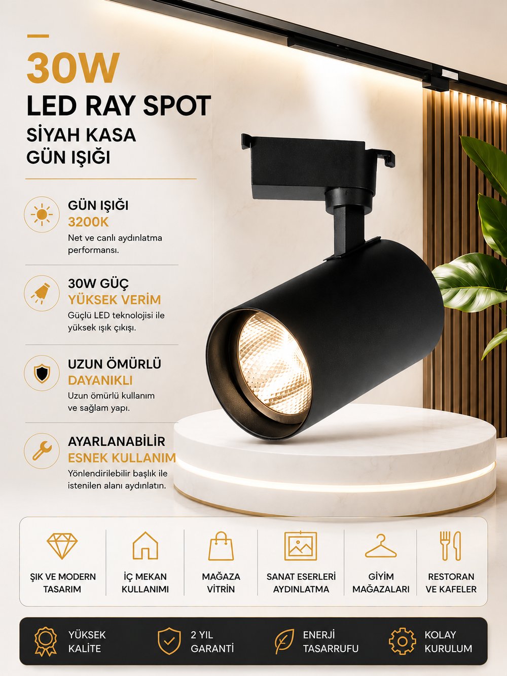 NOAS 30W SİYAH KASA GÜN IŞIĞI RAY SPOT