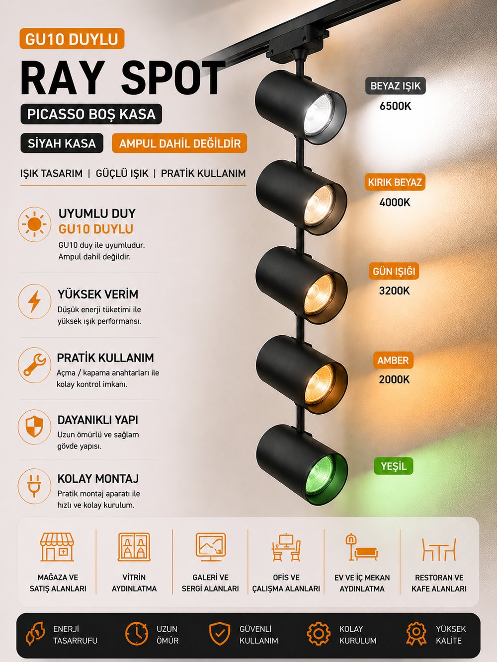 NOAS PICASSO GU10 DUYLU BOŞ KASA RAY SPOT