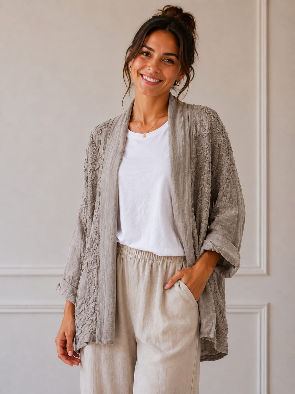 İtalyan Çiçek İşlemeli Keten Kaftan 2604XA22 - 91170