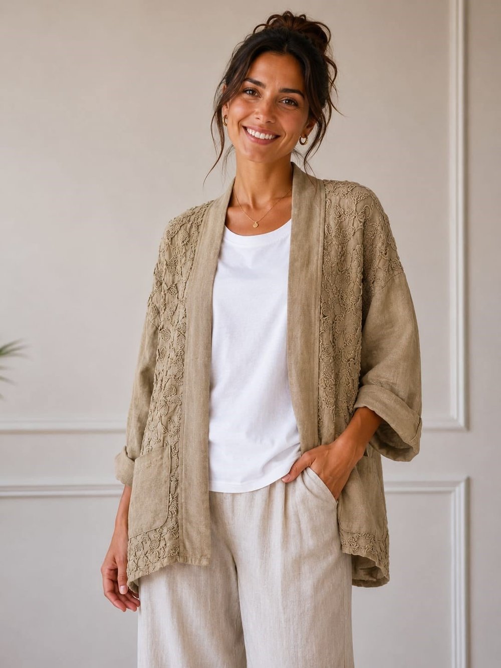 İtalyan Çiçek İşlemeli Keten Kaftan 2604XA22 - 91170