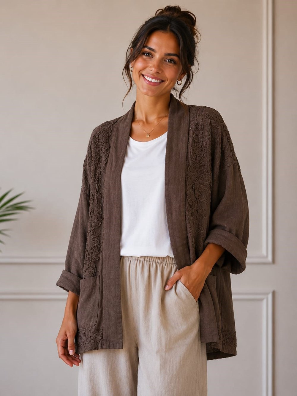 İtalyan Çiçek İşlemeli Keten Kaftan 2604XA22 - 91170