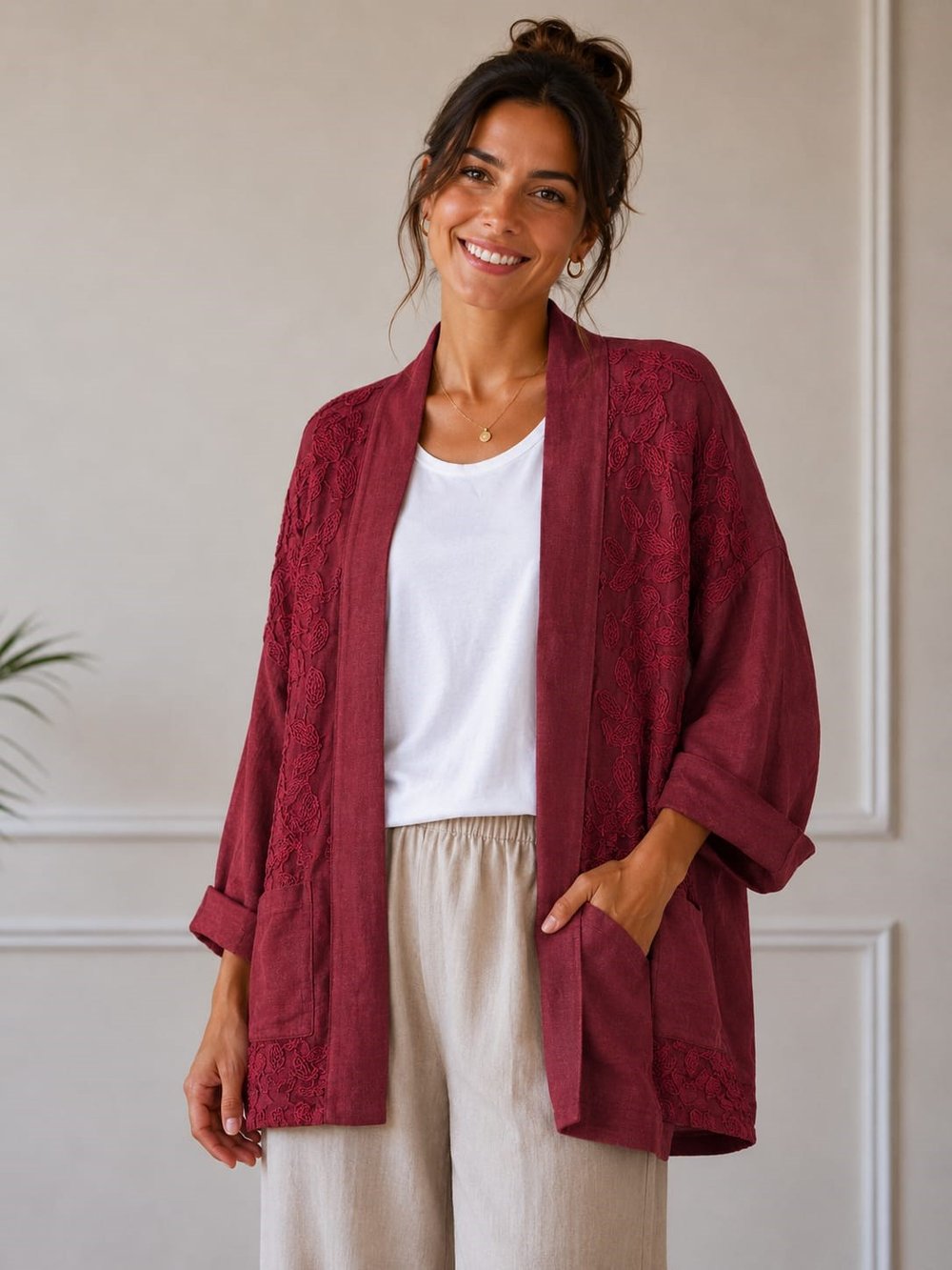 İtalyan Çiçek İşlemeli Keten Kaftan 2604XA22 - 91170