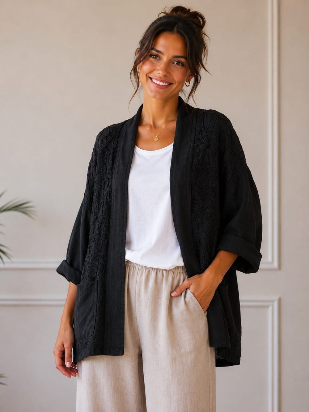 İtalyan Çiçek İşlemeli Keten Kaftan 2604XA22 - 91170