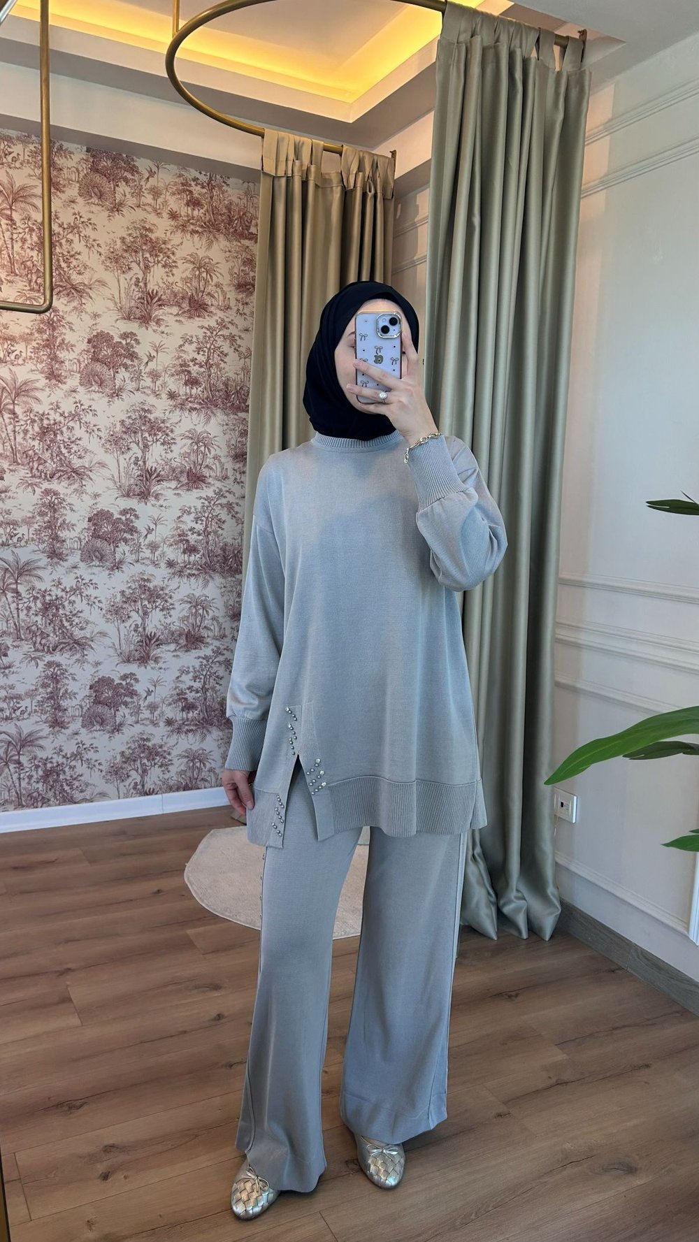 Gri Taş Detaylı Triko Takım