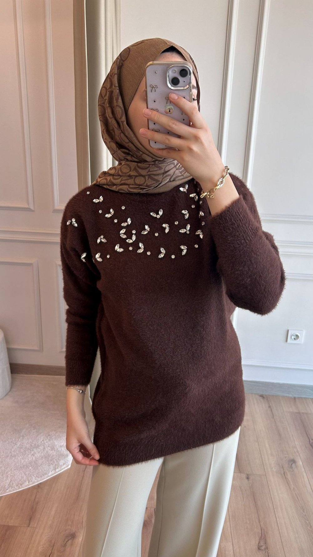 Kahve Taşlı Angora Kazak
